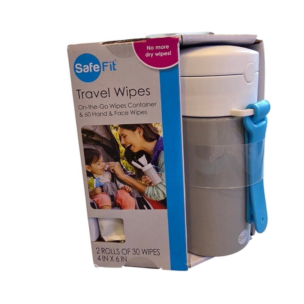NWT SafeFit Travel Wipes Container & 60 Refill Wipes Grey